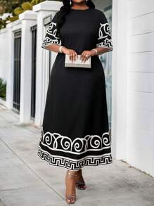 SHEIN Lady Große Größen Sommer Urlaubs Kleid mit Schwarz Muster für Frauen, Damen Große Größen lässiges, einfaches Kleid, geeignet als Sommerkleid, Osterkleider, Frauen Strandoutfits für Urlaub, Boho-Stil