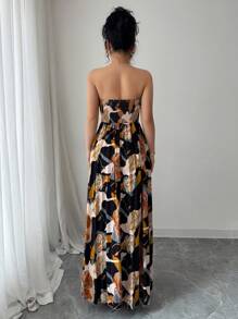 Elenzga 万圣节数码印花紧身胸衣腰部 A 字褶皱度假优雅浪漫女士休闲连衣裙 - 彩色 - 查看 2