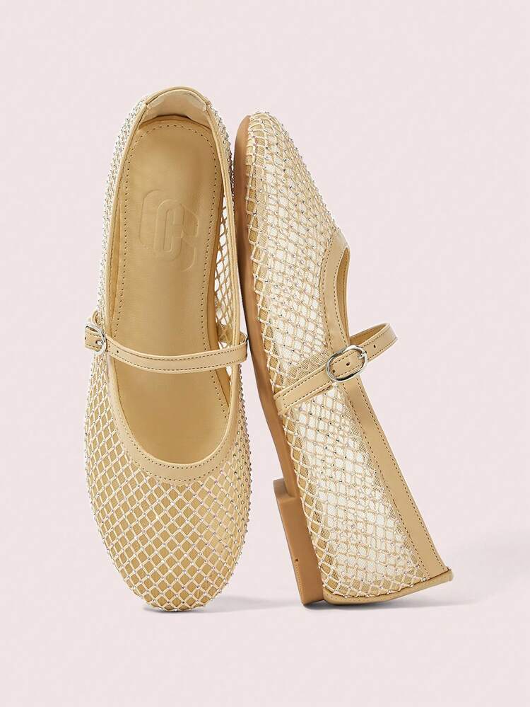 CUCCOO DOLLMOD Women's Round Toe Flats With Crystal Decor, Beige Mesh Material, Fashion Comfortable Breathable Casual Loafers