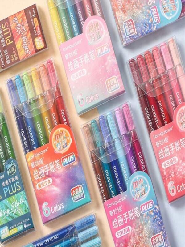 SHEIN 4/6本入り 蛍光ペンセット、大容量ネオンマーカー、ノート取り、学生、絵画、塗り絵、アート&クラフト用、友人や家族への学校用品ギフトに最適