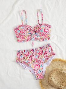 Swim Mod 2pcs Summer Vacation Sexy Ditsy Floral Cutout Halter Bikini Set - Multicolor - View 6