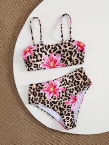 Swim Vcay Conjunto de bikini con top corto de tirantes finos y shorts de tiro alto con estampado de leopardo, sexy para vacaciones en la playa - Multicolor - Ver 5