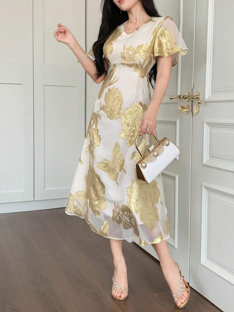 V-Neck Loose Mid-Length Lace Dress For Women Maxi Dress