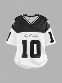 Conjunto de 2 piezas para niña preadolescente con camiseta de cuello en V de manga corta holgada con estampado numérico y alfabético, y pantalones cargo de pierna ancha - Blanco y Negro - Ver 3