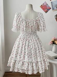 Flirla Plus Size Women's Spring/Summer Square Neck Twisted Chest Short Sleeve Ruched Double Hem Ditsy Floral White Knee-Length Dress - White - View 2