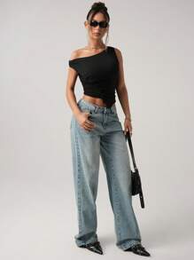 SHEIN ICON Camiseta de mujer de manga corta con hombros descubiertos, minimalista, sexy, con botones asimétricos en la cintura y plisados - Negro - Ver 6