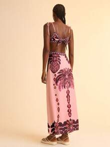 CAJUNI Women Boho Banana Tree And Pineapple Print, Hollow Waist Back Binding Sleeveless Pink Dress, Holiday Casual Summer Dress - Pink - View 2