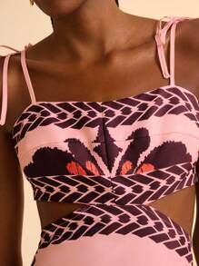 CAJUNI Women Boho Banana Tree And Pineapple Print, Hollow Waist Back Binding Sleeveless Pink Dress, Holiday Casual Summer Dress - Pink - View 7