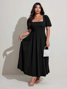 Viva Relle Plus Size Summer Elegant Faux Pearl Beaded Puff Sleeve Dress - Black - View 7