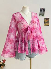 Soleia Áo cánh tay loe in họa tiết hoa cỡ lớn cho nữ, thắt eo phía trước - Nhiều màu - Xem 4