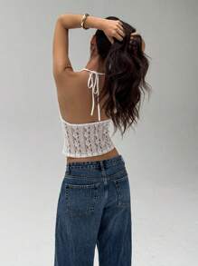 Aloruh Elegant Halter Tie-Up Lace Women Camisole - White - View 2