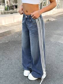 SHEIN 少女 Y2K 时尚条纹蝴蝶结宽松复古休闲斜口袋直筒牛仔裤，春夏假期 - 中等水洗藍 - 查看 6