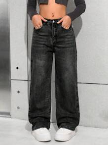 SHEIN 少女休闲基本款复古蓝色宽松直筒牛仔裤