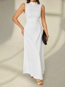 SHEIN Tall Valentine's Day New White Stand Collar Sleeveless Ruched A-Line Maxi Dress, Elegant Romantic Date & Work Outfit,Summer Dresses For Women,Tea Party Dress,White Graduation Dress,Business Casual Woman - White - View 1