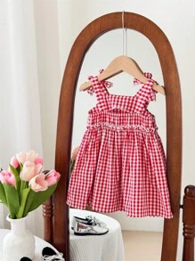 SHEIN LMoss Kids Babygirl 可爱夏日度假红白格子吊带背心裙 - 紅白色 - 查看 2