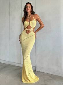 Aloruh Váy len buộc cổ màu vàng nhạt thanh lịch cho nữ - Màu vàng - Xem 2