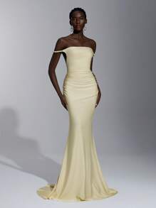 Elitara 优雅、浪漫、性感的极简主义无袖短款上衣，浅绿色针织松紧带，编织绳装饰，露背，修身，高开衩，时尚，网红风格，适合节日、派对、婚礼、伴娘礼服 - 芥末黃 - 查看 4