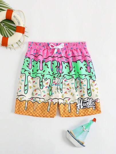 SHEIN Young Boy Ice Cream & Letter Print Drawstring Waist Beach Shorts