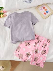 2 件套青少年女孩简约时尚可爱水豚印花和粉色水豚印花紧身家居服套装 - 灰色 - 查看 2