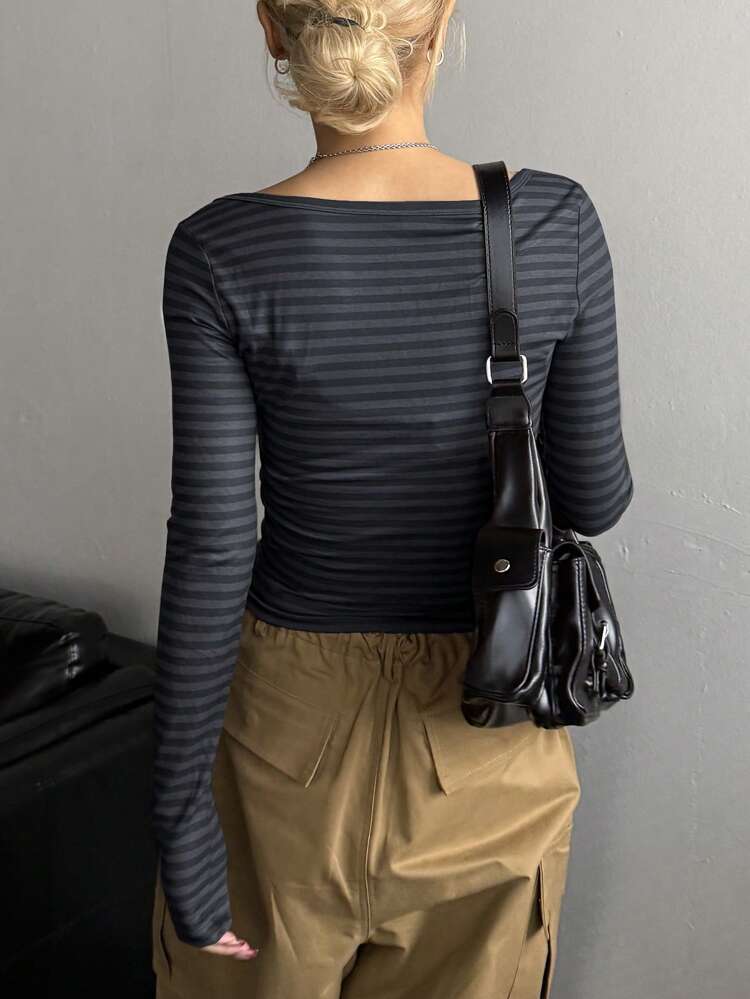 Women Casual Striped Button Half-Placket Form-Fitting Long Sleeve T-Shirt, Autumn,Crop Tops Women