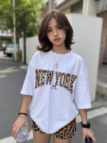 Tween Girls Casual Minimalist Leopard Print Letter Graphic Homewear T-Shirt Sleepwear - Multicolor - View 1
