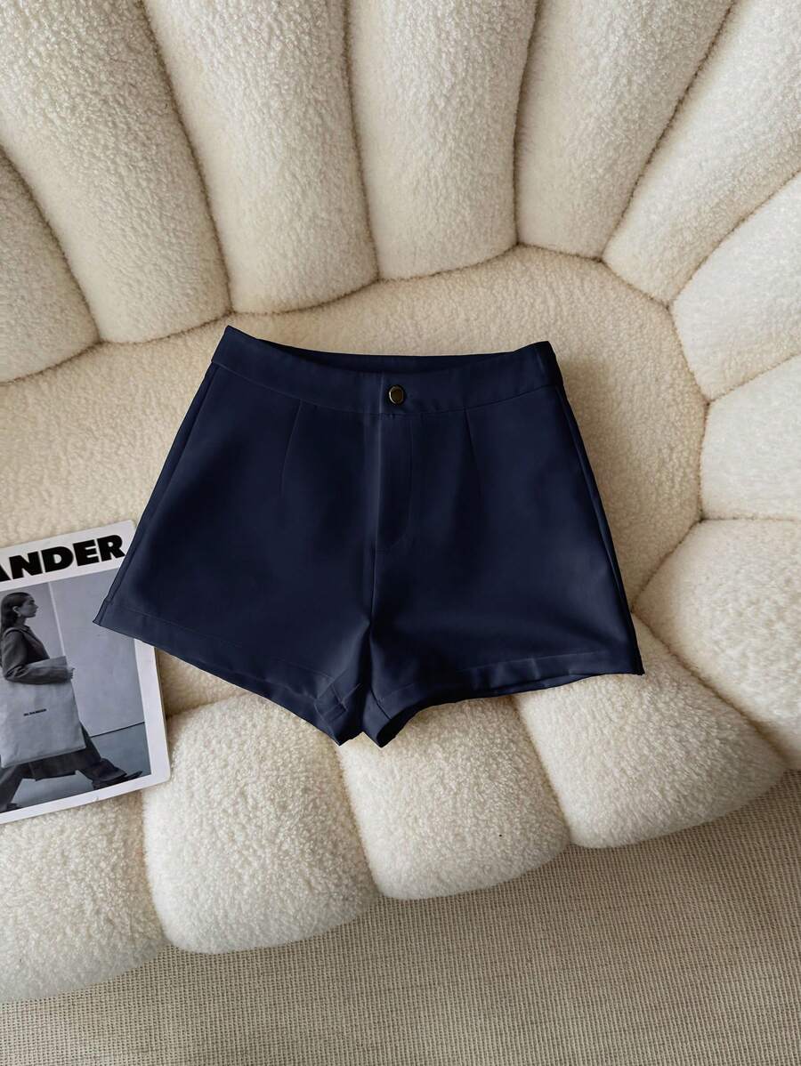 Airaco Quần short đi làm xếp ly màu trơn đơn giản cho nữ - Màu xanh hải quân - Xem 1