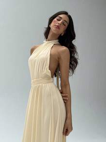 Aloruh Women's Elegant Sexy Wedding Guest Dress Cocktail Dance Graduation Season Dress Birthday Party Dress Seaside Holiday Daily Leisure Commuting Simple Solid Color Maxi Dress Apricot Mesh Knitted Halter Backless Vacation Dress,Graduation,Teacher Outfits For Women,Teacher Dress - Apricot - View 2