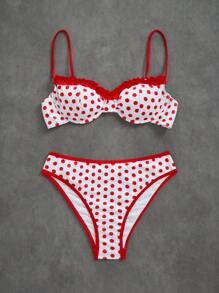 Swim Mod Summer Vacation Beach Polka Dot Printed Cropped Top & Frill Shorts Bikini Set - Red - View 5