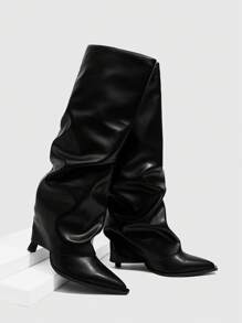CUCCOO SZL 性感时尚褶皱紧身及膝高筒靴，黑色尖头侧拉链女式高筒靴 - 黑色 - 查看 7
