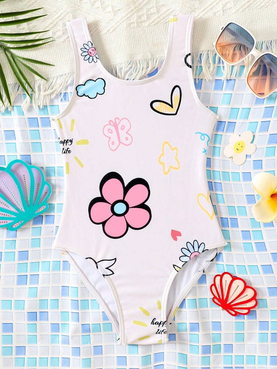 Emery Rose Kids Young Girl Floral Print Tankini One-Piece Swimsuit - Apricot - View 1