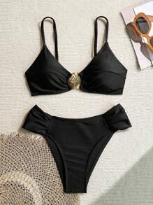 Swim Vcay 女士春假海滩度假性感金属配饰全素食高切褶皱细肩带比基尼套装，女士夏季泳装 - 黑色 - 查看 3