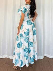 SHEIN VCAY Women's Floral Print Ruffle V Neck Maxi Dress , Spring & Summer - Green - View 5