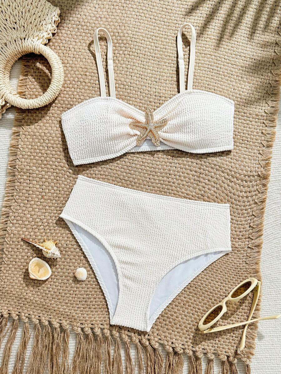 SHEIN Tween Girl's Elegant Simple Apricot Color Bikini Set With Starfish Decor, Suitable For Holiday, Beach, Swimming,  Summer Bathing Suits For Teens