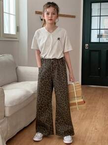 Hapijoa 少女牛仔裤，返校季豹纹印花 - 棕色 - 查看 2