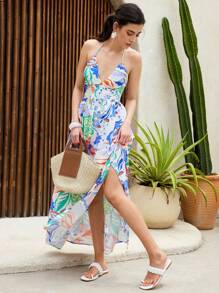 SHEIN LUNE Casual Holiday Beach Ditsy Floral Spaghetti Strap Slit Dress - Multicolor - View 4