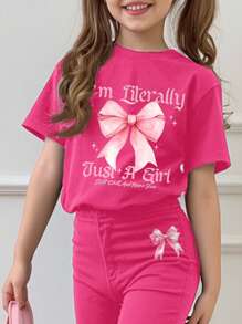 SHEIN Tween Girls' Casual Minimalist Round Neck Short Sleeve Pants 2 Pieces Set, Summer Outfit - Hot Pink - View 3