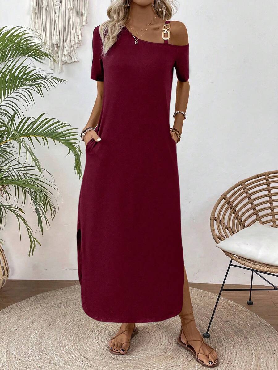 EMERY ROSE 女士时尚设计夏装，百搭长款女装 - 酒紅色 - 查看 1