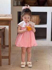 Cute Pink Peter Pan Collar Embroidered Sleeveless Dress For Toddler Girls, Summer - Pink - View 3