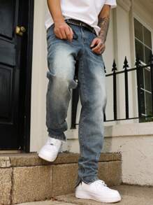 Manfinity Homme Men's Casual Washed Tapered Leg Jeans Urban Street Hang Out - Medium Wash - View 4