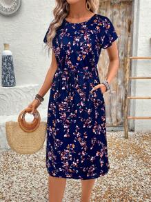 EMERY ROSE Women's Striped Drawstring Waist Slant Pocket Casual Dress For Summer - Blue - View 4