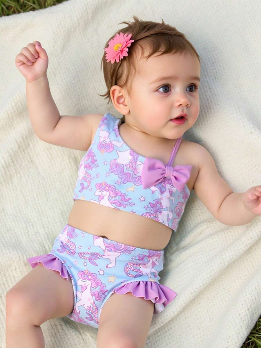 Random Print Baby Girls Fashion Two-Piece Swimsuit, Suitable For Summer - Multicolor - View 1