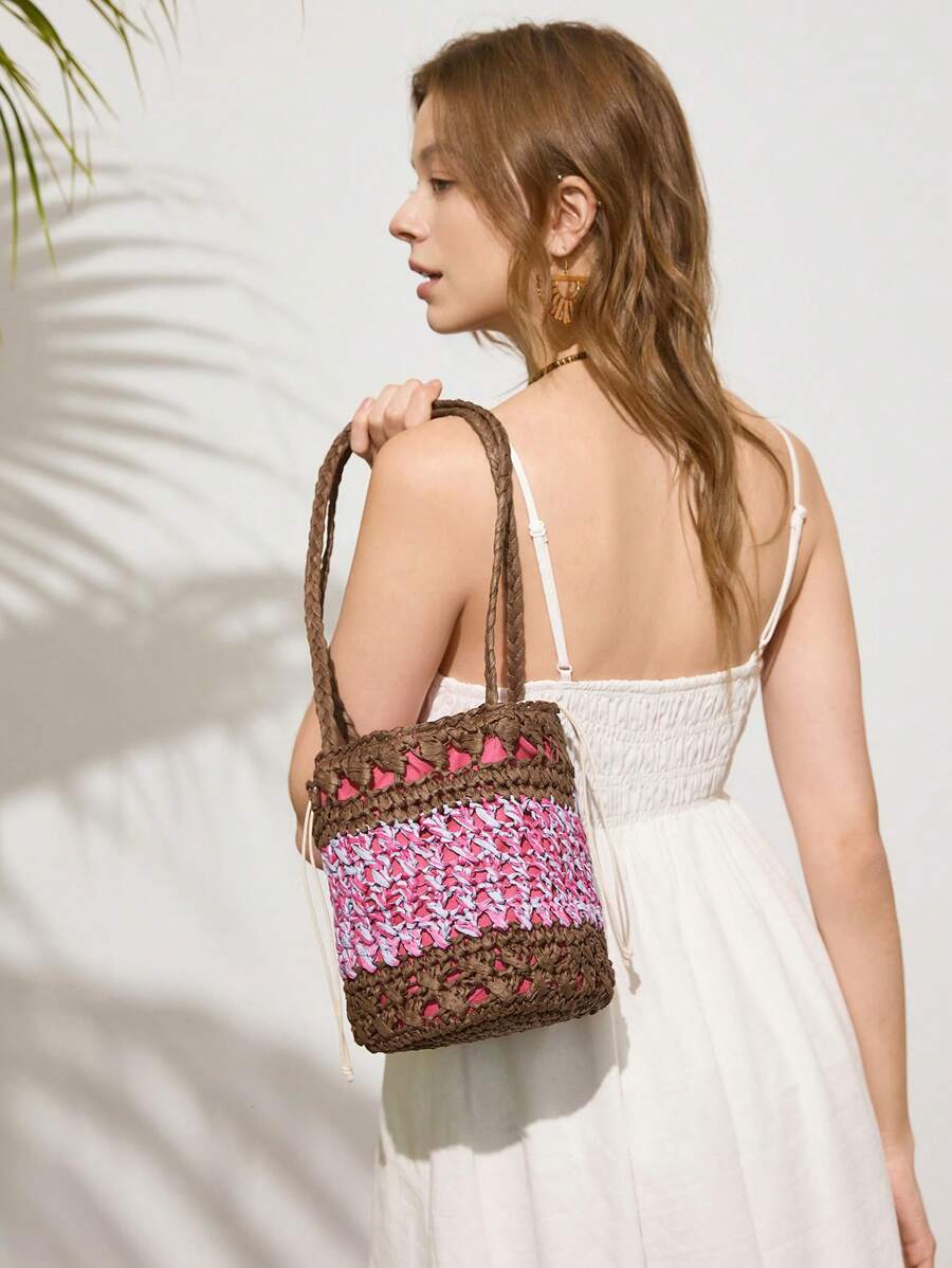 SHECARRY Women Straw Woven Bucket Handbag, Shoulder Bag In Rose Red - Multicolor - View 1