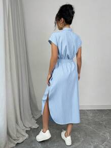 Selianne Romantic Elegant Graduation Concert Outfit Business Casual Old Money Style Anouk Yve Aura Quiet Style Commuter Blue Striped Shirt Dress Short Sleeves Pocket Bow Slits 2025 Spring And Summer Vacation And Leisure Home New Long Dress - Blue - View 2