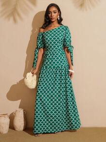 Vesra 女士几何印花灯笼袖蝴蝶结不对称连衣裙