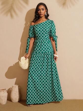 Vesra 女士几何印花灯笼袖蝴蝶结不对称连衣裙