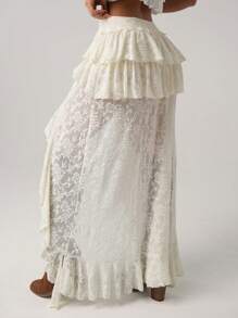 SHEIN ICON Women's Super Low Waist Lace Cake Layered Asymmetric Skirt - Apricot - View 2