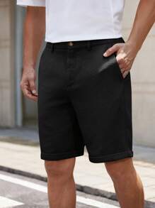 HIMLAND Men's Woven Solid Color Short Mid-Waist Straight Leg Shorts, Suitable For Daily Wear, Spring/Summer, Old Money - Black - View 7