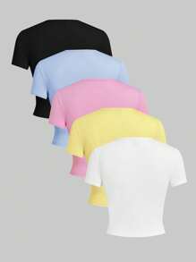 SHEIN EZwear 5pcs/Set Solid Color Slim Fit Tank Top T-Shirt, Sleeveless - Multicolor - View 2