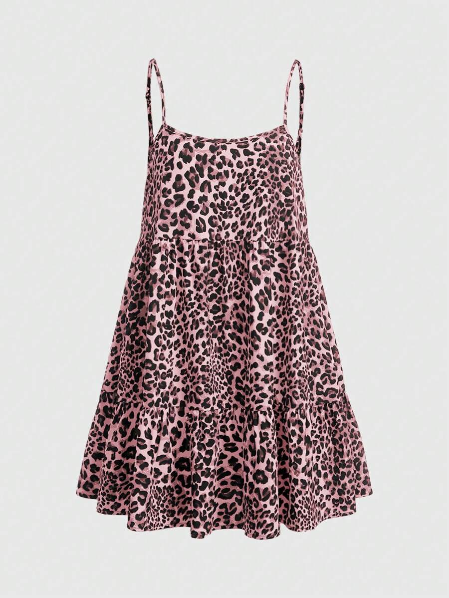 SHEIN EZwear 女士豹纹无袖迷你连衣裙，夏季 - 粉色 - 查看 1