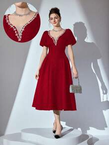 Poshira High-End Vintage Simple French Design Party Dress, Prom Dress - Burgundy - View 1